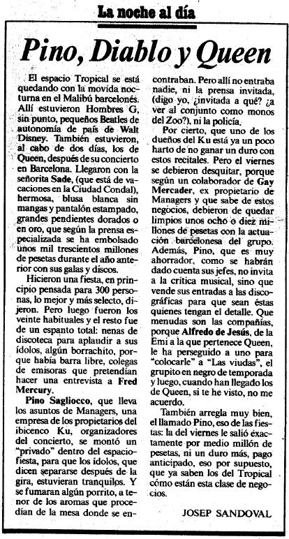 Cr�nica de Josep Sandoval explicando el concierto de Hombres G y la fiesta de los componentes de QUEEN en la Discoteca Tropical de Gav� Mar publicada en el diario LA VANGUARDIA (3 de Agosto de 1986)